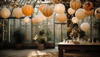 ai gerado iluminado lanternas decorar a moderno mesa dentro de casa gerado de ai foto