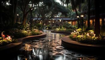 ai gerado período noturno reflexão em tranquilo lagoa dentro formal jardim gerado de ai foto