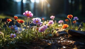 ai gerado lindo Prado com vibrante flores dentro cheio flor gerado de ai foto