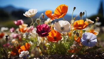 ai gerado lindo Prado do colorida flores silvestres dentro a verão gerado de ai foto