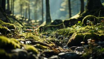 ai gerado tranquilo cena do verde floresta, árvore crescimento gerado de ai foto