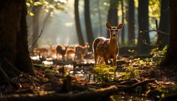 ai gerado jovem veado em pé dentro a floresta às pôr do sol gerado de ai foto