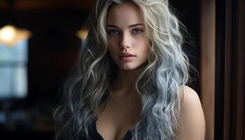 ai gerado jovem mulher com grandes loiro cabelo, olhando às Câmera gerado de ai foto