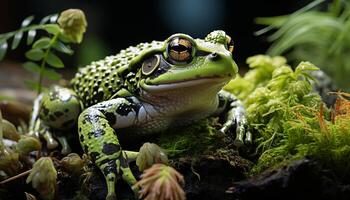 ai gerado pequeno sapo sentado em molhado folha dentro floresta gerado de ai foto