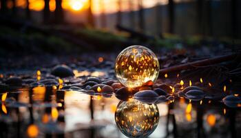 ai gerado tranquilo cena, iluminado de a vibrante outono pôr do sol gerado de ai foto