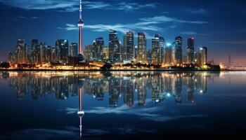 ai gerado noite Horizonte reflete em água, iluminador famoso cidade gerado de ai foto