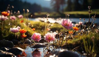 ai gerado tranquilo cena, flor flores dentro Prado frescor gerado de ai foto