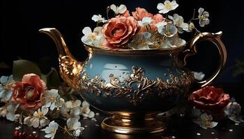 ai gerado Antiguidade vaso detém velho formado flor ramalhete em de madeira mesa gerado de ai foto