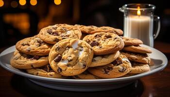 ai gerado pilha do caseiro chocolate lasca biscoitos em mesa gerado de ai foto