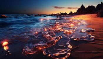 ai gerado pôr do sol sobre água, vibrante cores refletir em ondas gerado de ai foto