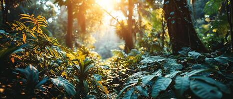 ai gerado raios solares perfurar a denso folhagem do uma exuberante tropical selva foto