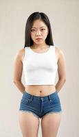 ai gerado foto do lindo jovem ásia mulher com colheita branco topo e jeans em pé às branco pano de fundo, generativo ai