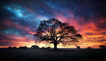 ai gerado silhueta do árvore dentro vibrante pôr do sol céu gerado de ai foto