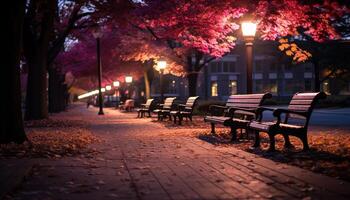 ai gerado outono noite, iluminado cidade vida, natureza beleza gerado de ai foto