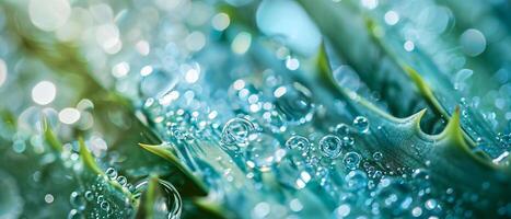 ai gerado uma detalhado Visão do uma vibrante verde aloés vera plantar coberto dentro brilhante água gotas foto