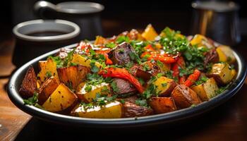 ai gerado frescor e saudável comendo em uma vegetariano prato gerado de ai foto