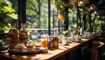 ai gerado frescor e natureza decorar a rústico cozinha mesa gerado de ai foto