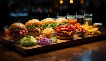 ai gerado grelhado carne hamburguer com fritas em de madeira mesa gerado de ai foto