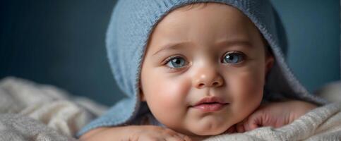 ai gerado fofa pequeno Novo nascermos bebê Garoto azul olhos retrato fundo, adorável criança pequena, papel de parede, foto