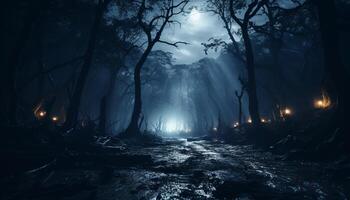 ai gerado assustador árvore dentro Sombrio floresta, mistério e Horror gerado de ai foto