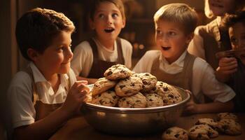 ai gerado sorridente crianças cozimento biscoitos dentro uma doméstico cozinha gerado de ai foto