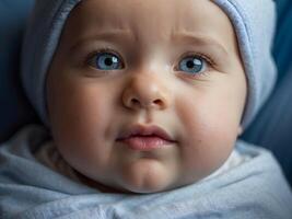 ai gerado fofa pequeno Novo nascermos bebê Garoto azul olhos retrato fundo, adorável criança pequena, papel de parede, foto