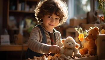 ai gerado sorridente criança jogando com brinquedo, felicidade e alegria gerado de ai foto