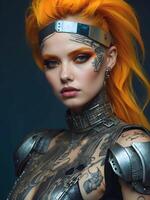 ai gerado retrato do lindo cyber punk jovem tatuado mulher, futurista moda conceito foto