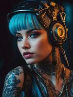 ai gerado retrato do lindo cyber punk jovem tatuado mulher, futurista moda conceito foto