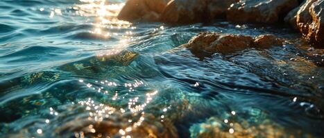 ai gerado luz solar reflete em a ondulando superfície do costeiro águas de rochoso margens foto
