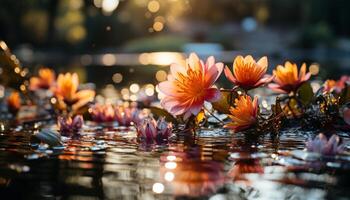 ai gerado lindo lótus flor reflete dentro tranquilo lagoa gerado de ai foto