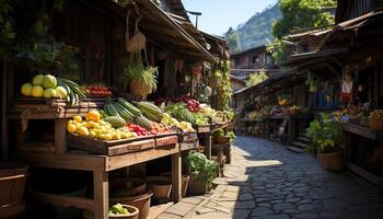 ai gerado fresco frutas e legumes vendido às ao ar livre mercado gerado de ai foto