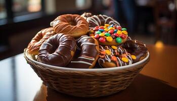 ai gerado recentemente cozido rosquinhas em de madeira mesa, tentador indulgência gerado de ai foto