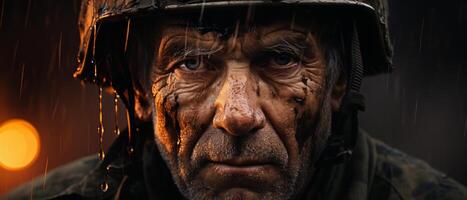 ai gerado veterano de soldado chuvoso resiliência foto