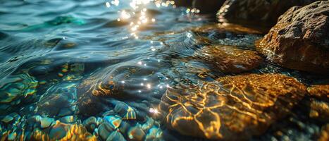 ai gerado a configuração do sol dourado brilho reflete em a da água superfície de a rochoso Beira foto