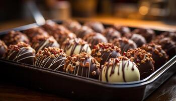 ai gerado uma prato do caseiro Sombrio chocolate trufas gerado de ai foto