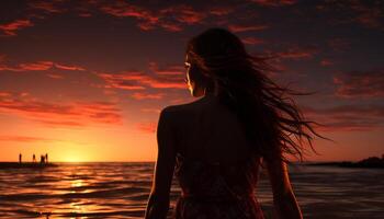 ai gerado jovem mulher goza sereno pôr do sol em a de praia gerado de ai foto
