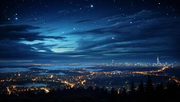 ai gerado noite céu iluminado de estrelas e cidade luzes gerado de ai foto