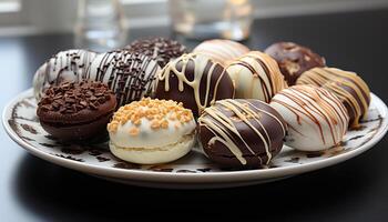 ai gerado delicioso caseiro chocolate Brigadeiro em uma prato gerado de ai foto