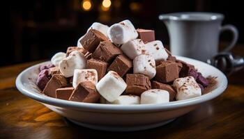 ai gerado gourmet chocolate sobremesa em rústico de madeira mesa gerado de ai foto