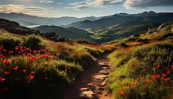 ai gerado lindo montanha panorama com verde prados e flores gerado de ai foto