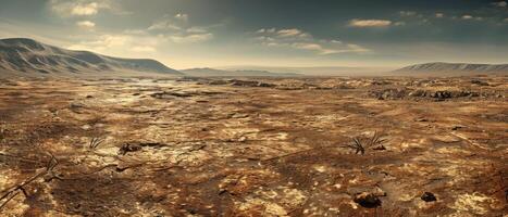 ai gerado desolado panorama com montanhas dentro a longe fundo, desprovido do qualquer humano presença ou atividade foto