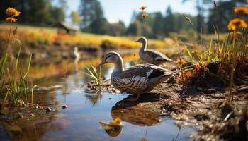 ai gerado jovem patinho dentro lago, cercado de natureza beleza gerado de ai foto