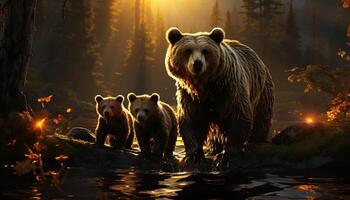 ai gerado três Urso filhotes caminhando dentro a tranquilo floresta gerado de ai foto