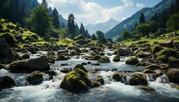 ai gerado majestoso montanha pico, tranquilo água fluindo, verde floresta gerado de ai foto