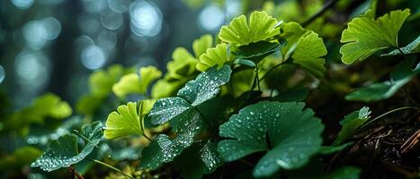 ai gerado ginkgo biloba folhas adornado com gotas de orvalho, aquecendo dentro macio, manchado luz solar foto