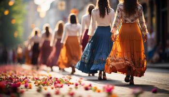 ai gerado jovem mulheres caminhando ao ar livre dentro tradicional festival roupas gerado de ai foto