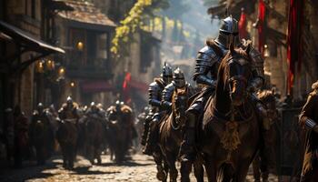 ai gerado homens equitação cavalos dentro uma tradicional festival parada gerado de ai foto