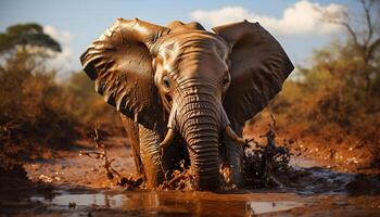 ai gerado africano elefante caminhando dentro a selvagem às pôr do sol gerado de ai foto