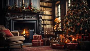 ai gerado Natal árvore decoração ilumina a acolhedor vivo quarto gerado de ai foto